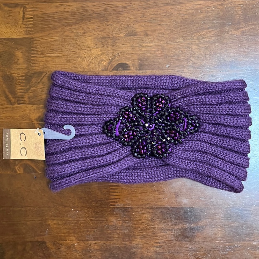 Purple knitted head band, beaded embellishments